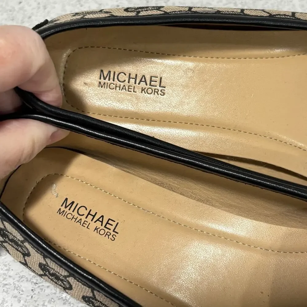 Michael Kors Flats Driving Loafers Slip On Shoes Casual Black Beige Logo 9M